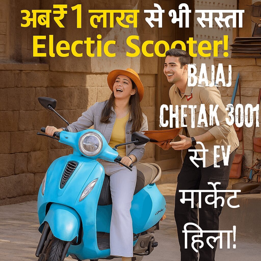 Bajaj Chetak 3001 blue variant with young Indian couple