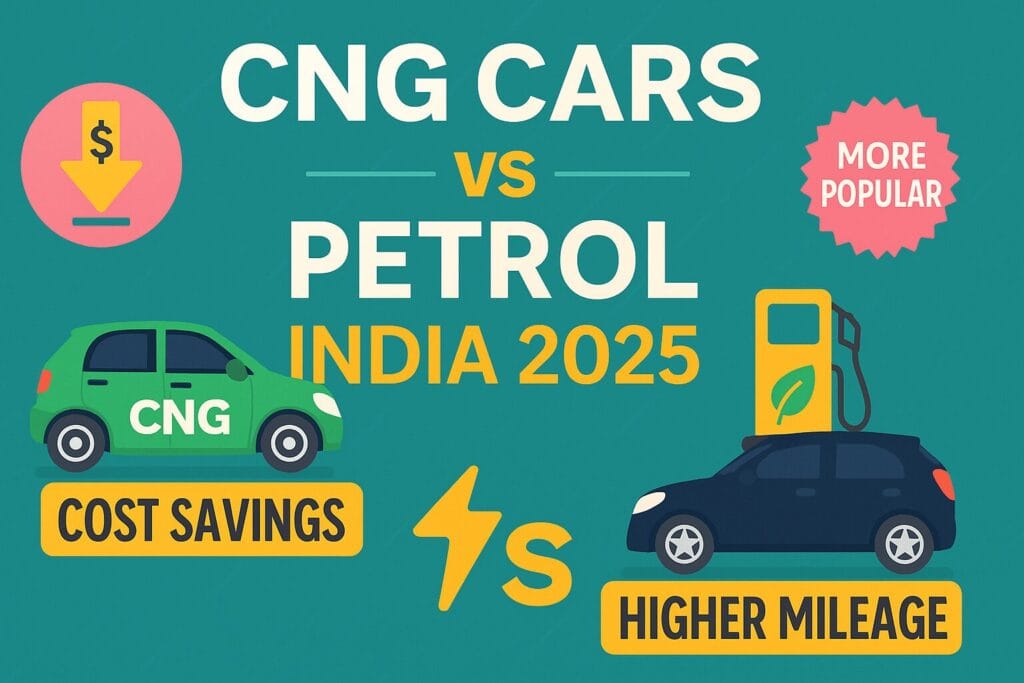 Comparison between CNG cars and petrol cars in India 2025 showing fuel cost, popularity, and eco-friendliness