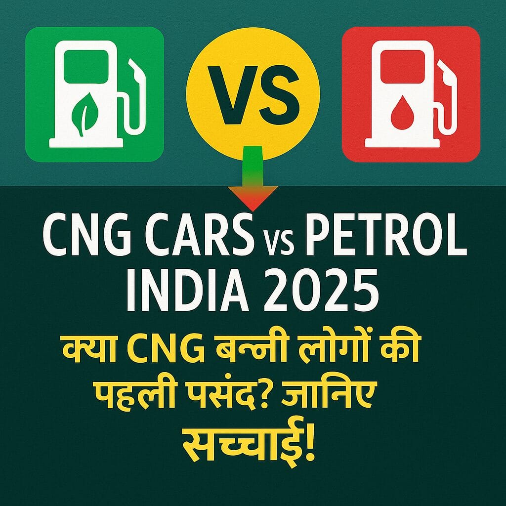 CNG Cars vs Petrol India 2025 comparison infographic showing savings, mileage, and rising popularity of CNG