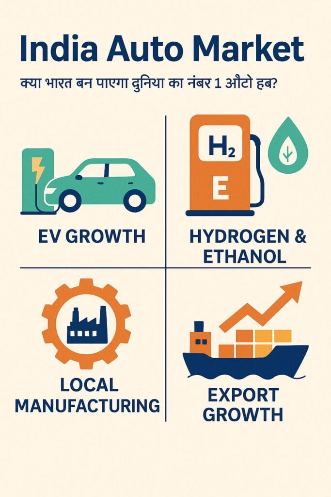India Auto Market infographic showcasing EV growth, hydrogen fuel, local manufacturing, and export trends