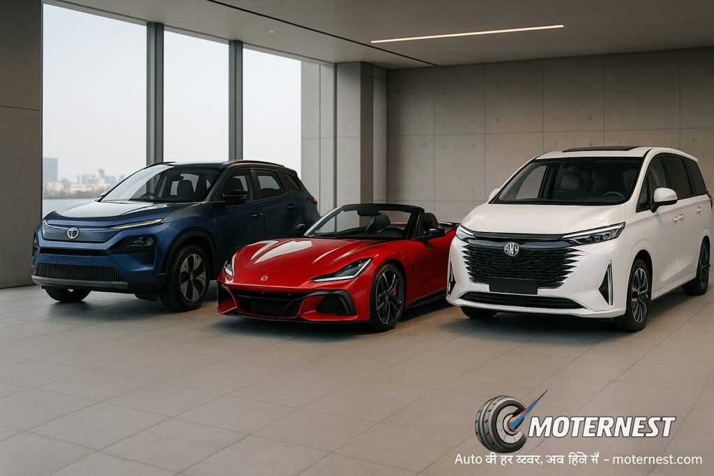 June 2025 EV Launches India featuring Harrier EV, MG Cyberster, and MG M9 electric vehicles in a premium showroom – Moternest branded image