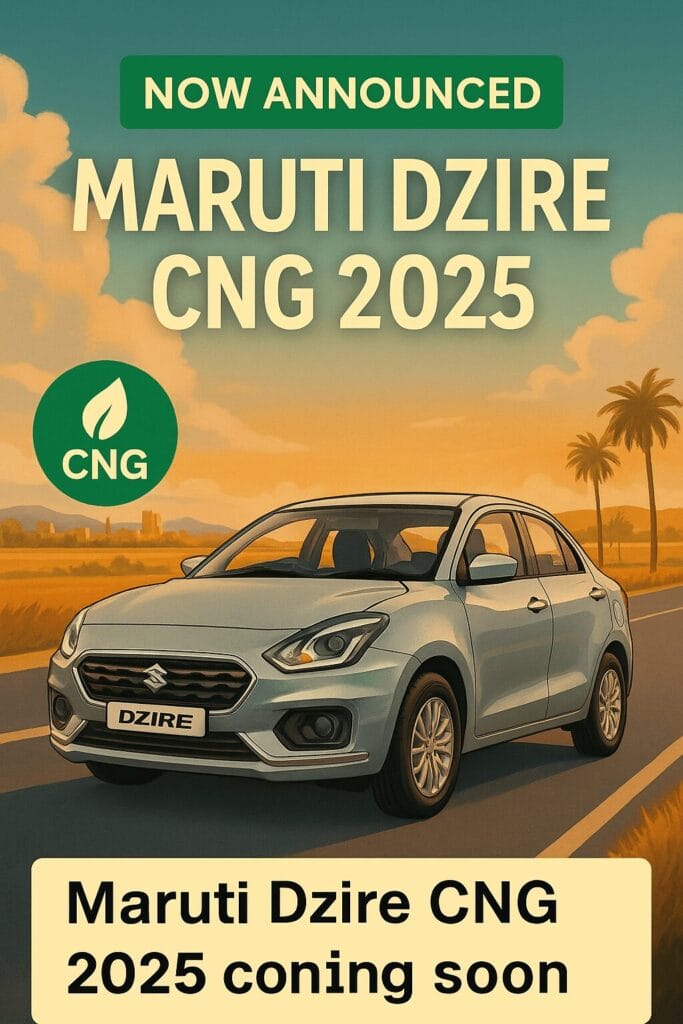 Maruti Dzire CNG 2025 promotional banner with launch date, mileage and pricing highlights
