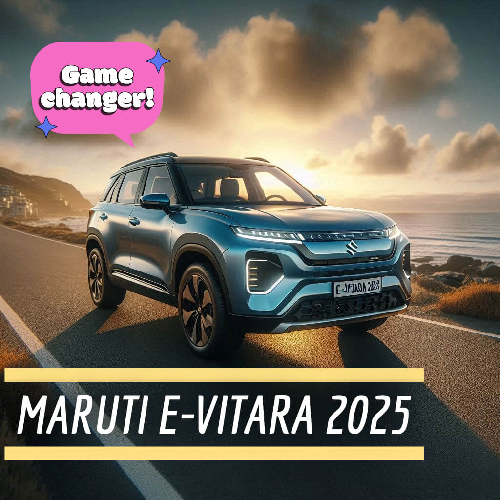 Maruti e-Vitara 2025 electric SUV in metallic blue, realistic brochure-style front-side view with natural lighting and scenic backdrop