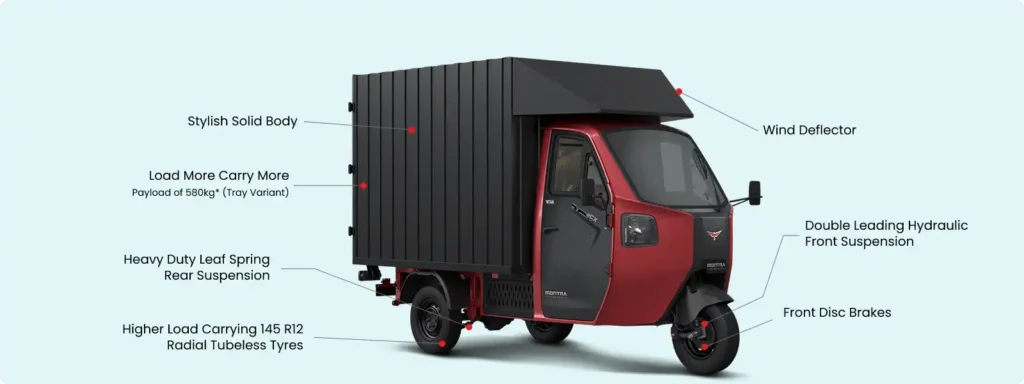 montra-super-cargo-ev-loader-features Montra Super Cargo EV Loader with feature highlights