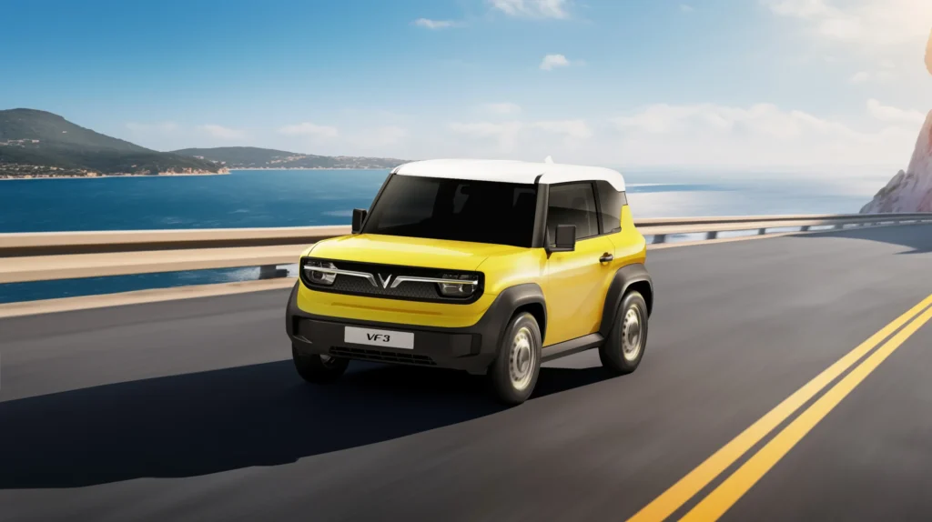 VinFast VF3 India Launch 2025 promotional banner showcasing compact electric SUV design.