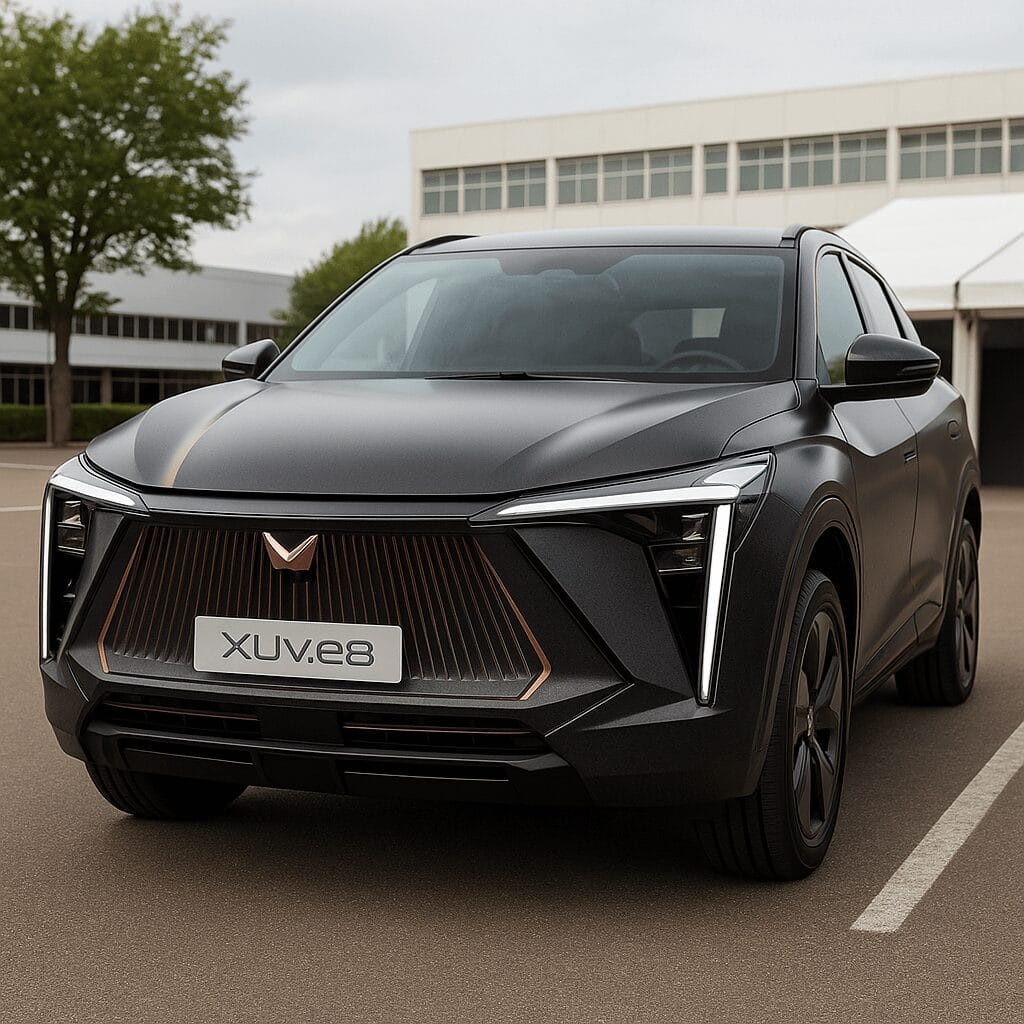 Mahindra XUV.e8 का फ्रंट एंगल व्यू और LED ग्रिल