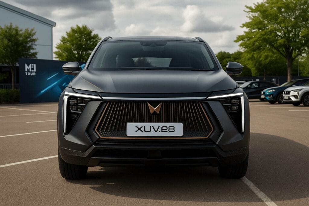 XUV.e8 का स्ट्रेट फ्रंट लुक और नया Mahindra लोगो