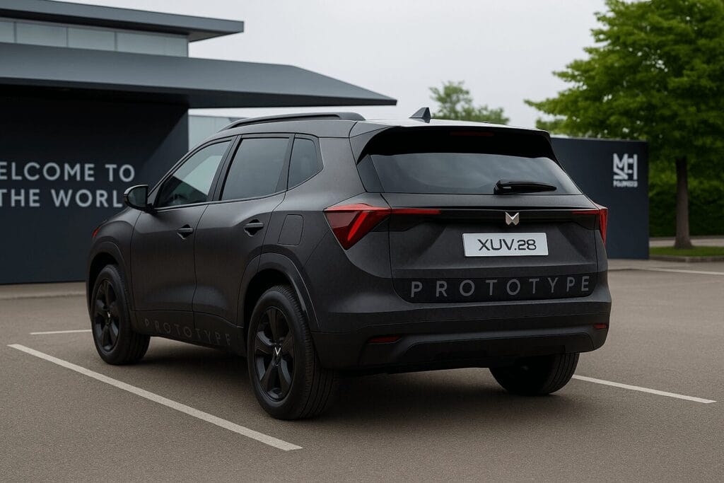 Mahindra XUV.e8 का साइड रियर एंगल डार्क फिनिश में