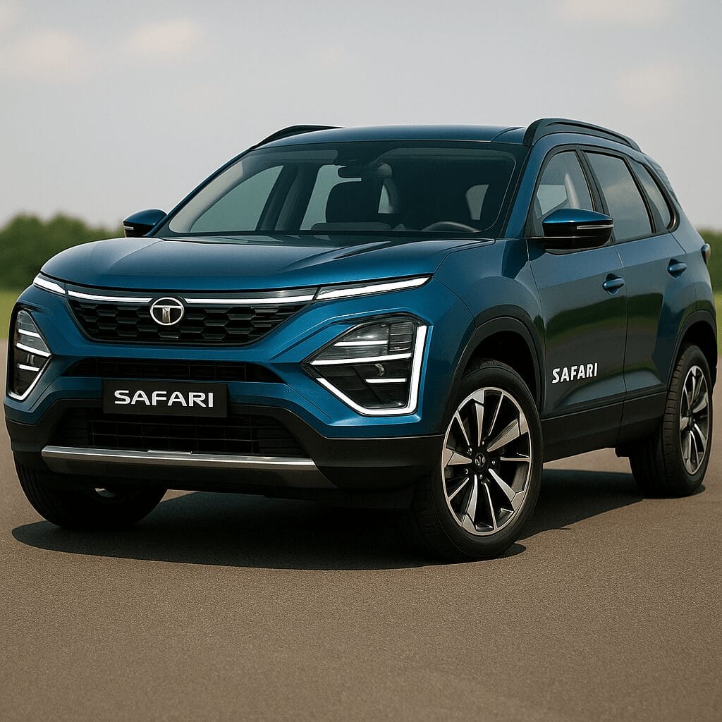 2025 की Tata Safari का फ्रंट व्यू, ब्लू कलर में