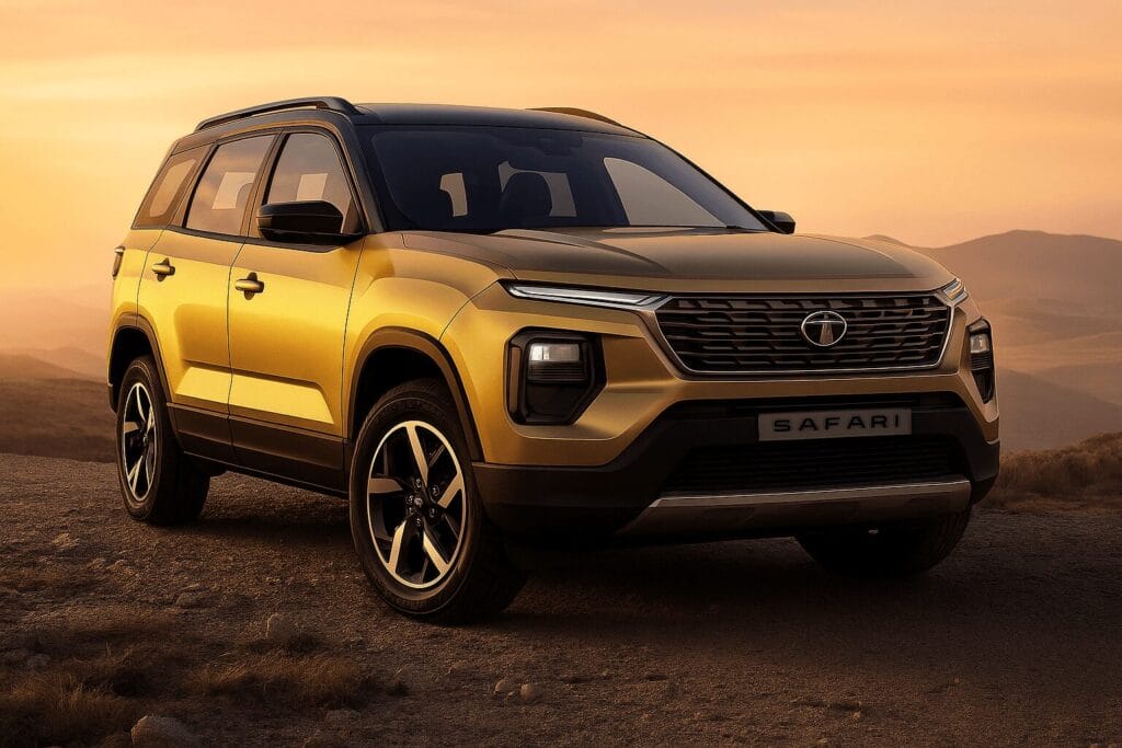 Tata Safari 2025 का फ्रंट-साइड एंगल, येलो कलर में