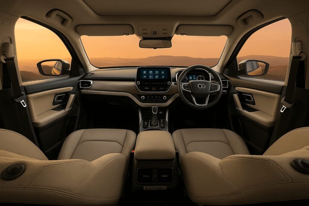 Tata Safari 2025 का इंटीरियर, ब्लैक और बेज थीम में