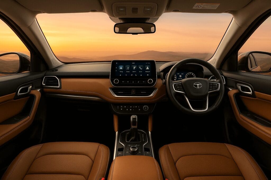 Tata Safari 2025 का इंटीरियर, ब्राउन थीम में