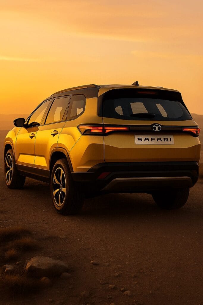 Tata Safari 2025 का रियर लुक, येलो कलर में