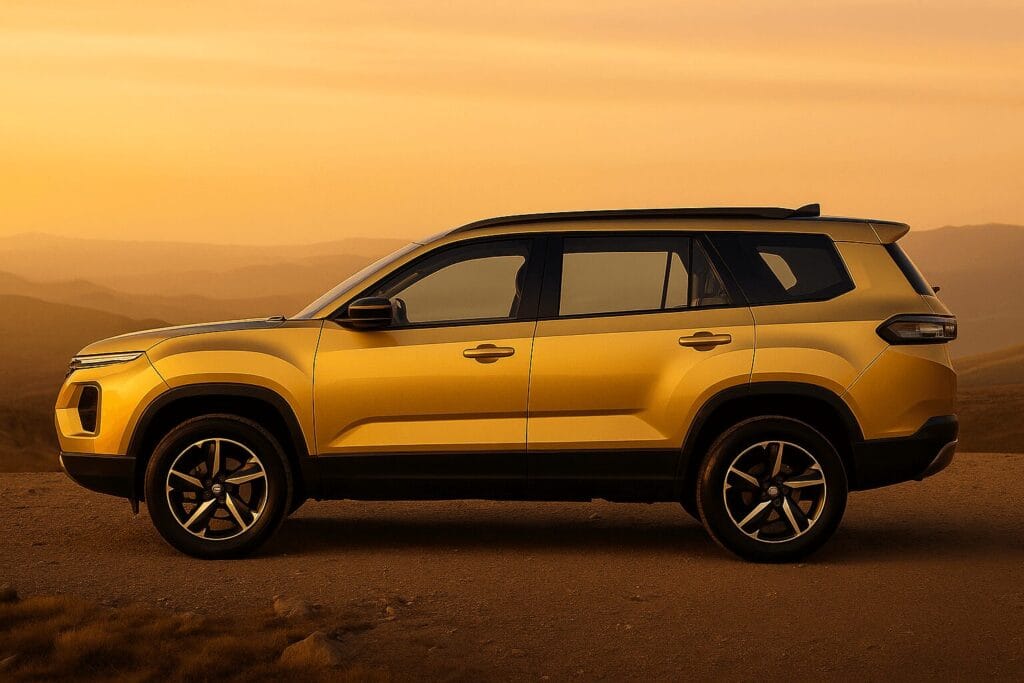 Tata Safari 2025 का साइड प्रोफाइल, येलो कलर में