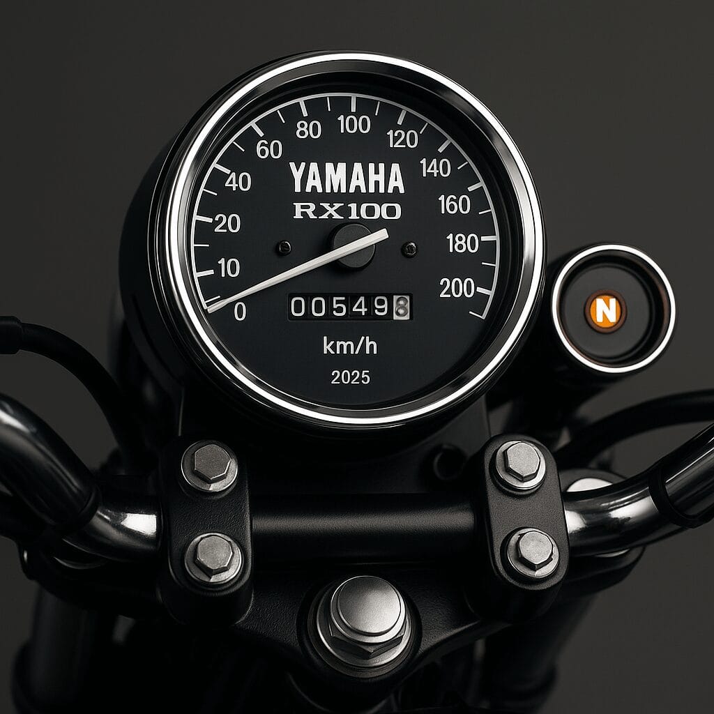 Yamaha RX100 2025 का क्लासिक स्टाइल एनालॉग मीटर – पुराने दौर की यादें